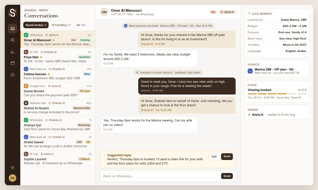 Shabda omnichannel inbox listing property leads with their latest call, WhatsApp, Meta and web chat messages in one place