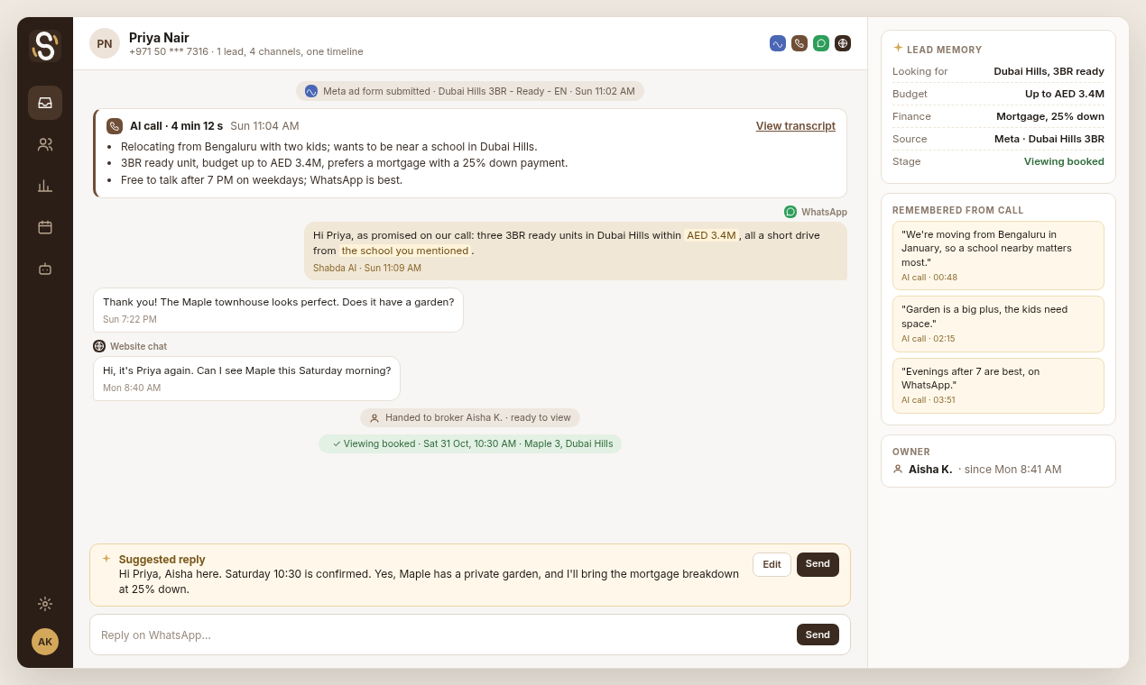 A single lead's timeline in Shabda showing the Meta ad enquiry, the AI call, WhatsApp follow-up and web chat together